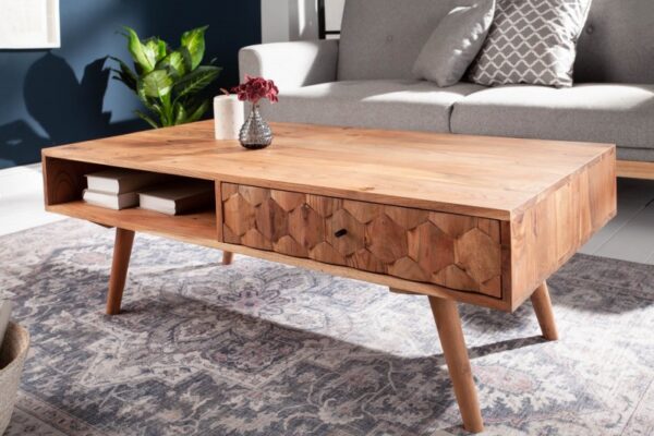 Nadčasový stolek do obývacího pokoje - vyrobený ze dřeva akácie, zásuvky, retro styl, rozměr 117cm x 41cm x 60cm