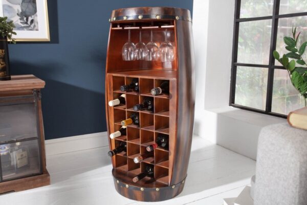 Stylový stojan na víno ve tvaru sudu - až na 24 lahví, na 6 skleniček, z masivního jedlového dřeva, rozměr 51 cm x 97 cm x 51 cm