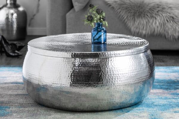 Designový orientální stříbrný stolek kulatý - vyrobený z lesklého hliníku, odnímatelný poklop, rozměr 70cm x 30cm x 70cm
