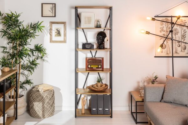 Nadčasový regál do pracovny nebo obývacího pokoje - dubové dřeva a černý kovový rám, rozměr 60 cm x 180 cm x 35 cm