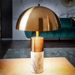 Designová stolní lampa bílý do obýváku - základna je z bílého mramoru, stínidlo zlaté, do zásuvky, rozměr 35 cm x 52 cm x 35 cm