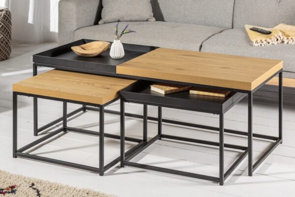 Nadčasový odkládací stolek do obývacího pokoje - deska z recyklovaného dubového dřeva, černý kovový rám