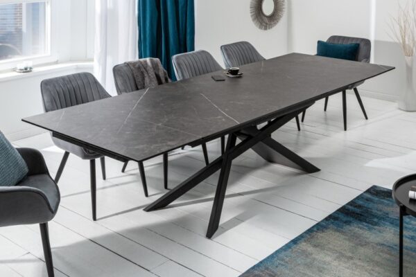Velký stylový stůl do jídelny - vyrobený z keramiky a bezpečnostního skla, rozměr 180-220-260cm x 77cm x 90cm, černý