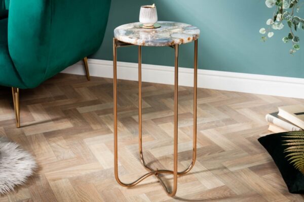 Moderní barevný odkládací stolek do obývacího pokoje nebo předsíně - mramorová deska, zlaté kovové nohy, rozměr 35 cm x 62 cm x 35 cm
