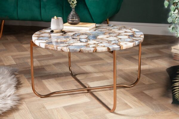 Designový konferenční stolek do obývacího pokoje - luxusní achátová deska, zlaté nohy, rozměr 62 cm x 33 cm x 62 cm, modro zlatý
