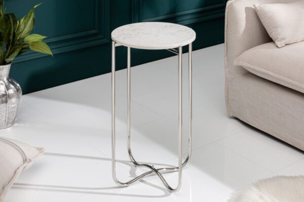 Stylový bílý mramorový odkládací stolek do obývacího pokoje nebo předsíně - stříbrné kovové nohy, rozměr 35cm x 62cm x 35cm