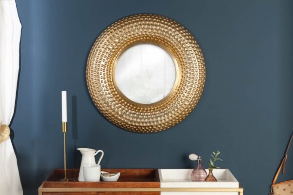 Designové zlaté kulaté zrcadlo - masivní rám, do obývacího pokoje nebo ložnice, rozměr 60 cm x 60 cm x 5 cm