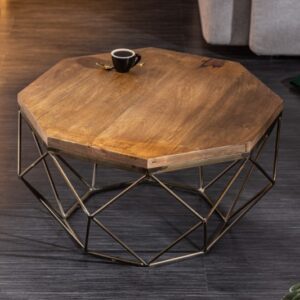 Designový stolek do obývacího pokoje ve tvaru diamantu - deska z mangového dřeva, rám ve starožitném kovu, rozměr 69 cm x 38 cm x 69 cm