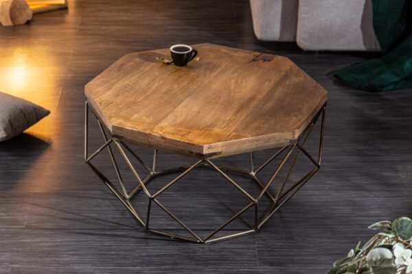 Designový stolek do obývacího pokoje ve tvaru diamantu - deska z mangového dřeva, rám ve starožitném kovu, rozměr 69 cm x 38 cm x 69 cm