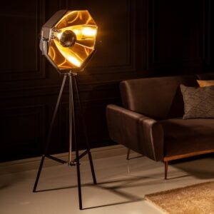 Luxusní černo zlatá lampa do obývacího pokoje - stojací lampa, stínidlo z tkaniny, černé kovové nohy, rozměr 60 cm x 160 cm x 50 cm