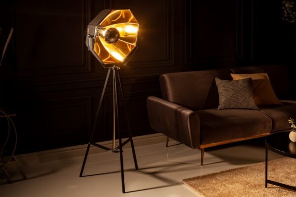 Luxusní černo zlatá lampa do obývacího pokoje - stojací lampa, stínidlo z tkaniny, černé kovové nohy, rozměr 60 cm x 160 cm x 50 cm