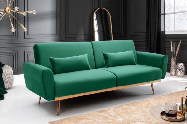 Designová zelená retro pohovka pro hosty - možnost rozložení, sametový potah, odpružení, zlaté nohy, rozměr 210 cm x 86 cm x 82 cm