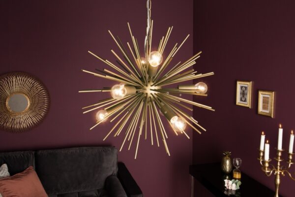 Designová zlatá lampa do obývacího pokoje - kovová, v designu slunce, rozměr 50 cm x 50 cm x 50 cm