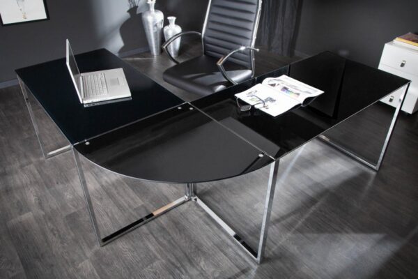 Moderní rohový prací stůl - deska z bezpečnostního skla, kovový rám, rozměr 180 cm x 75 cm x 160 cm