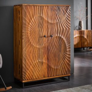 Designová barová skříňka z masivního mangového dřeva, ruční 3D kresby, velký úložný prostor, rozměr 95 cm x 141 cm x 42 cm