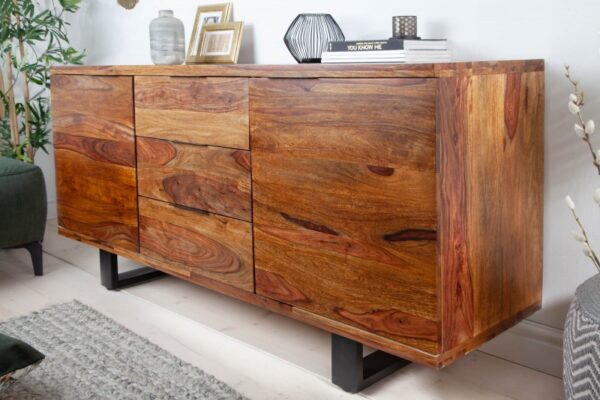 Dřevěný příborník z masivního dřeva - 4 přihrádky, z indického dřeva, do jídelny nebo obývacího pokoje, rozměr 160 cm x 80 cm x 50 cm