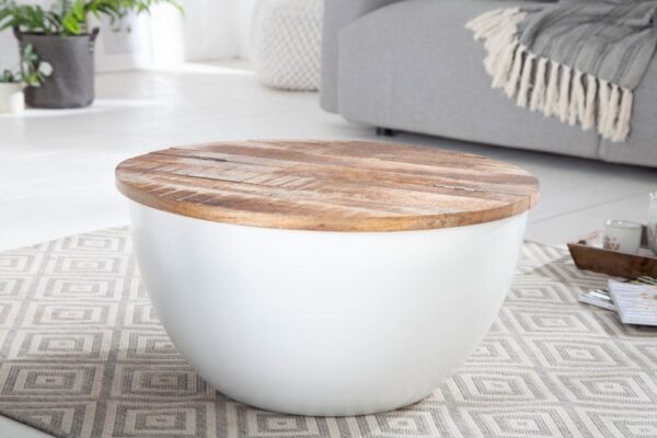 Moderní kulatý odkládací stolek do obývacího pokoje - z mangového dřeva, rozměr 61cm x 31cm x 61cm