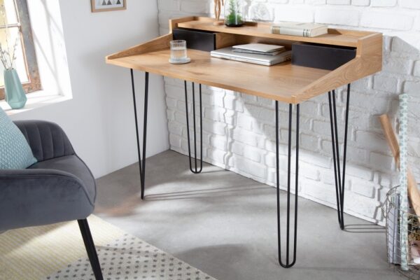 Industriální stolek do pracovny do malého bytu - z recyklovaného dubového dřeva, dvě zásuvky, moderní design, rozměr 110 cm x 89 cm x 60 cm
