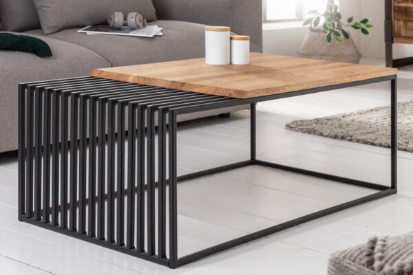 Masivní konferenční stolek, černý kovový rám, dubový stolek do obývacího pokoje, rozměr 100 cm x 40 cm x 55 cm