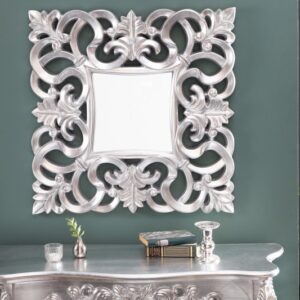 Závěsné zdobené stříbrné zrcadlo - zámecký styl, rozměr 75cm x 75cm, do obývacího pokoje