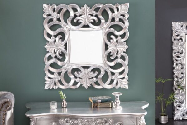 Závěsné zdobené stříbrné zrcadlo - zámecký styl, rozměr 75cm x 75cm, do obývacího pokoje