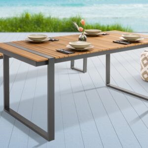 designový venkovní stůl, stůl na zahradu z odolného materiálu, vyrobeno z pollywoodu, kovové černé nohy, barva přírodní, rozměr 180 cm x 75 cm x 90 cm