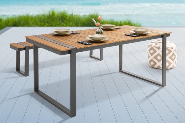 designový venkovní stůl, stůl na zahradu z odolného materiálu, vyrobeno z pollywoodu, kovové černé nohy, barva přírodní, rozměr 180 cm x 75 cm x 90 cm