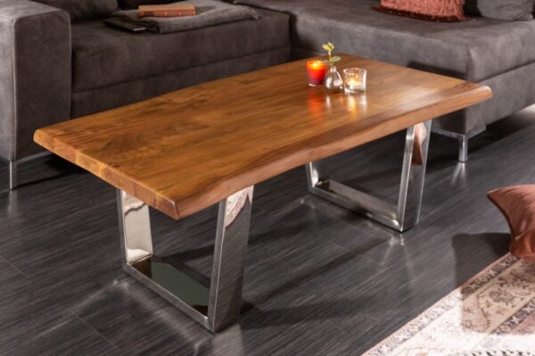 Nadčasový stolek do obýváku z přírodního dřeva akácie - stříbrné masivní nohy, industriální styl, rozměr 110 cm x 40 cm x 60 cm