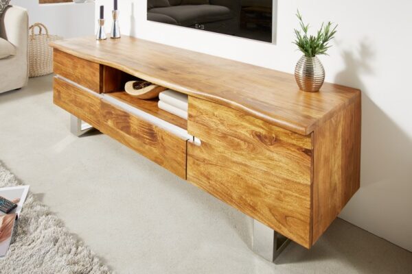 Masivní televizní stolek - ze dřeva akácie, stříbrné detaily, rozměr 160 cm x 50 cm x 43 cm