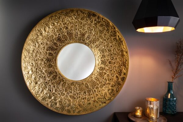 Designové zrcadlo do obýváku - vyrobeno ze slitiny hliníku, zlaté zrcadlo na zeď v orientálním stylu, rozměr 81cm x 8cm x 81cm