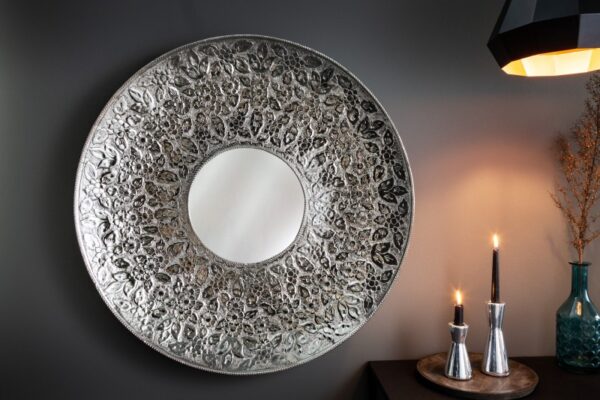 Nástěnné zrcadlo, kulaté zrcadlo na zeď, stříbrné zrcadlo, orientální styl, rozměr 81 cm x 8 cm x 81 cm, luxusní dekorace na zeď