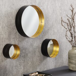 Sada 3 kulatých zrcadel, závěsné zrcadlo s kulatým zrcadlem, černo zlatá barva, zrcadlo do obýváku