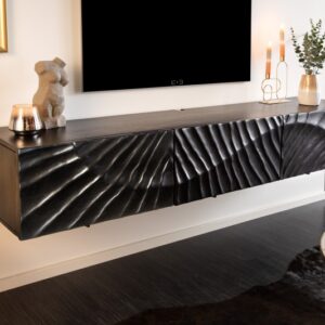 designový závěsný tv stolek 160 cm, černé mangové dřevo, luxusní stolek, ručně vyrábený