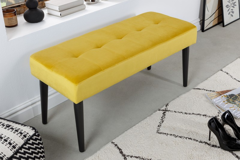 Stylová lavička do chodby - sametovým žlutý potah, skandinávský styl, rozměr 95 cm x 45 cm x 38 cm